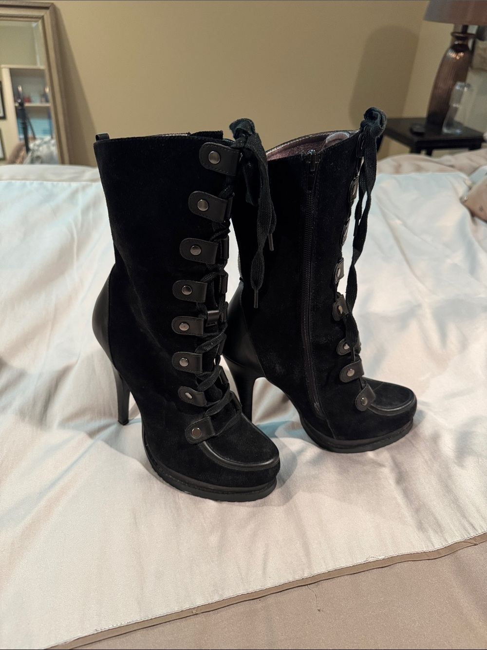 Charles David Black Suede Lace-Up Stiletto Ankle Boots